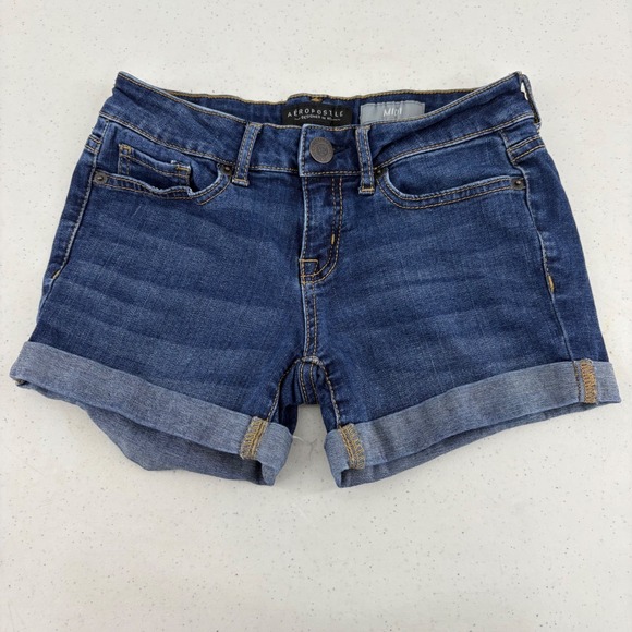 Aeropostale‎ 00 Midi Denim Shorts Cuffed Dark Wash Blue Jean Shorts - Picture 1 of 4